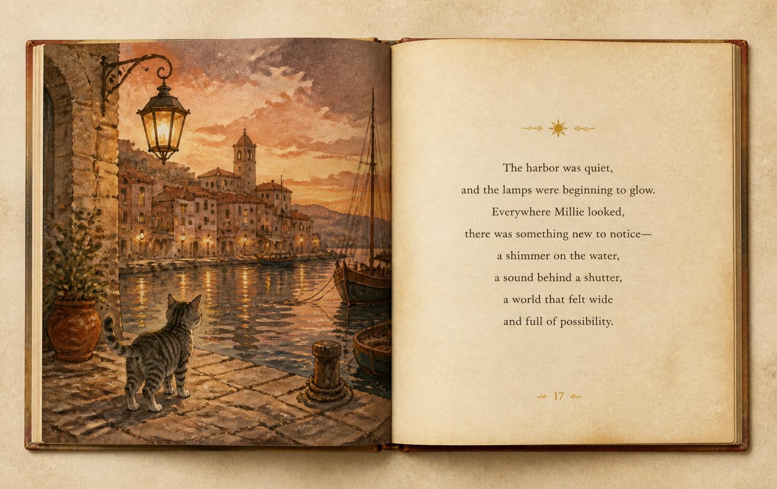 An open storybook spread: a watercolor illustration of a tabby cat at a lantern-lit harbor beside a page of serif story text